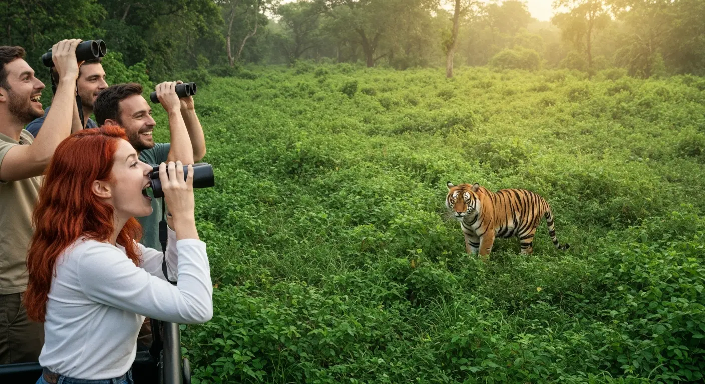 People with binoculars spotting a tiger