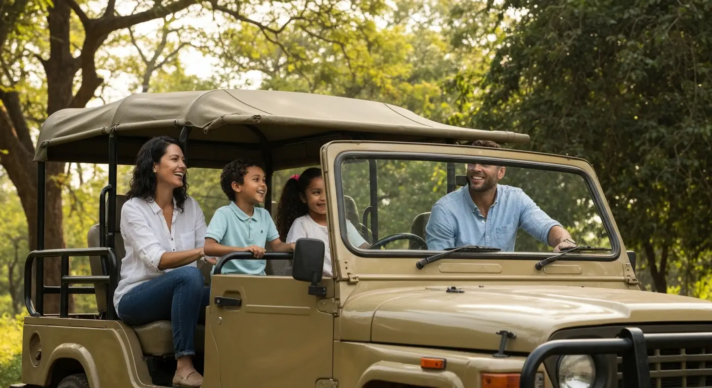 Family enjoying a safari in an open-top jeep